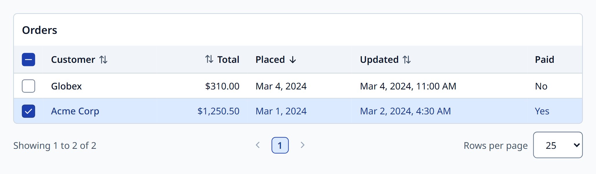 Data table with selection and search
